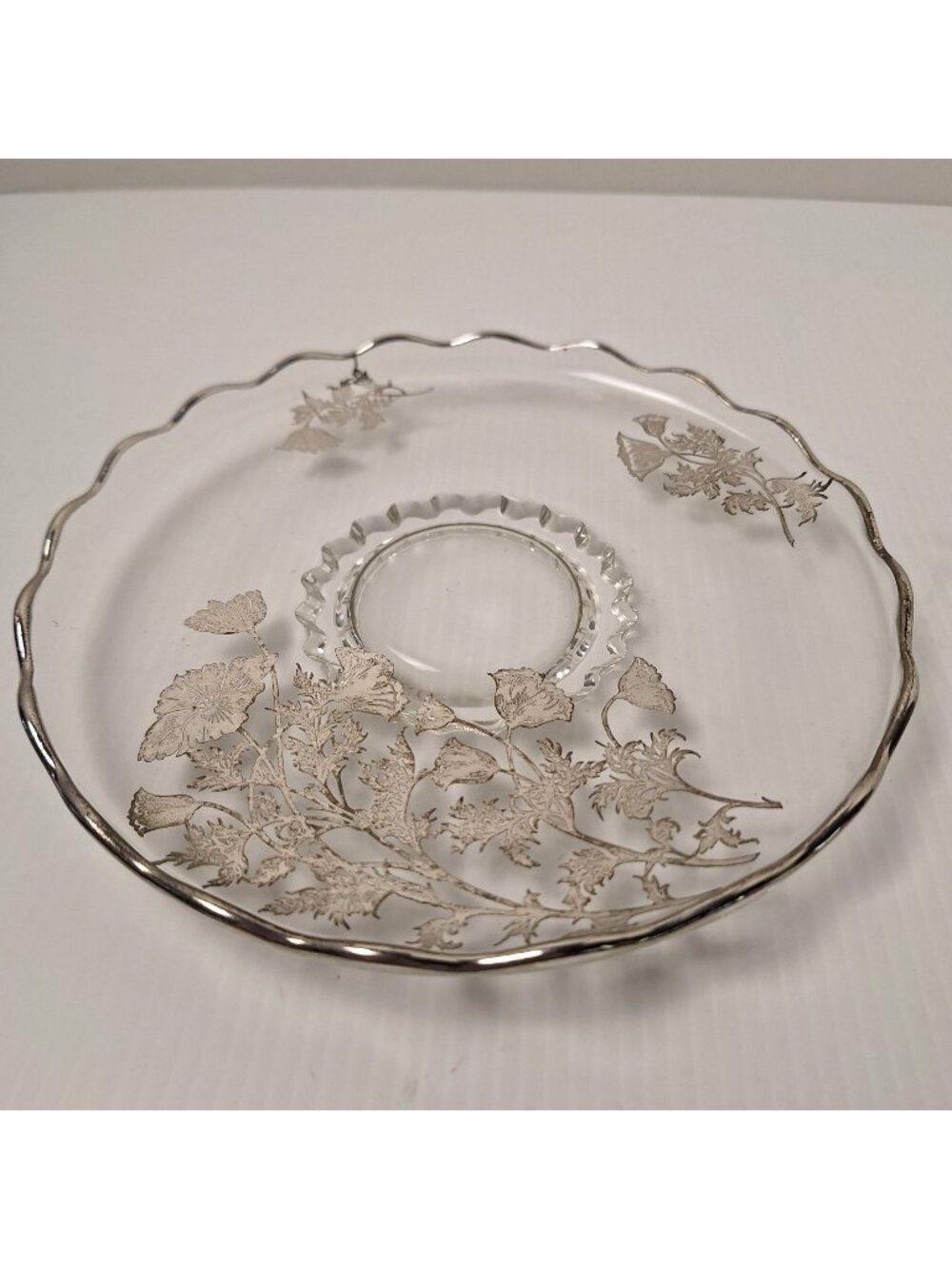 SILVER CITY GLASS SERVING TRAY OR CAKE PLATE FLANDERS POPPY PATTERN SCALLOPED
